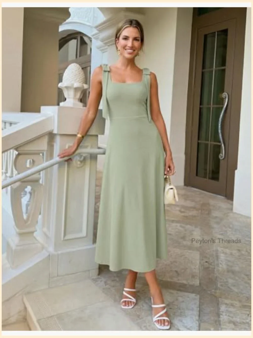 Sleeveless Square Neck Bow Straps Midi Sweater Dress for Wedding Guest Vacation - Picture 3 of 7